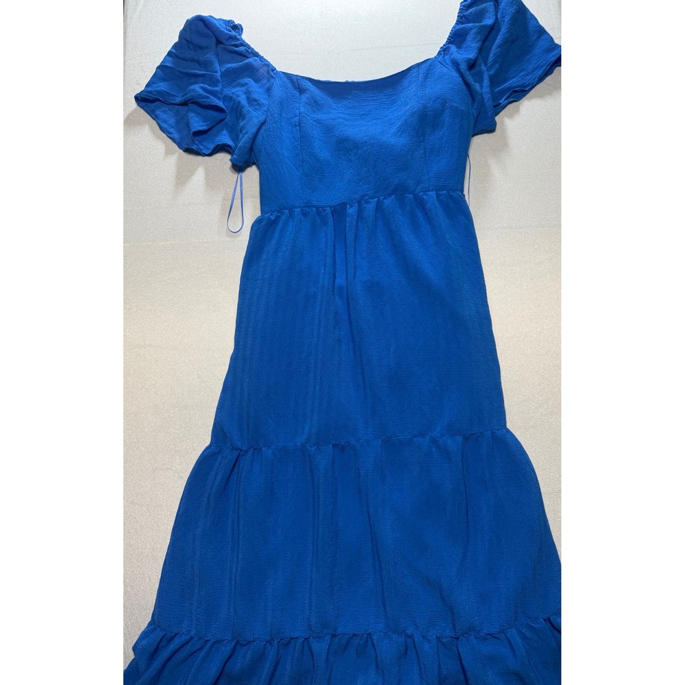 Davi & Dani Women Medium Blue Tiered Midi Dress Puff Sleeve Tie Back DD30020